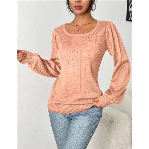 Women Fall Sweater 2025 Puff Sleeve Square Neck Knit Pullover Tunic Top Casual - Picture 3 of 7